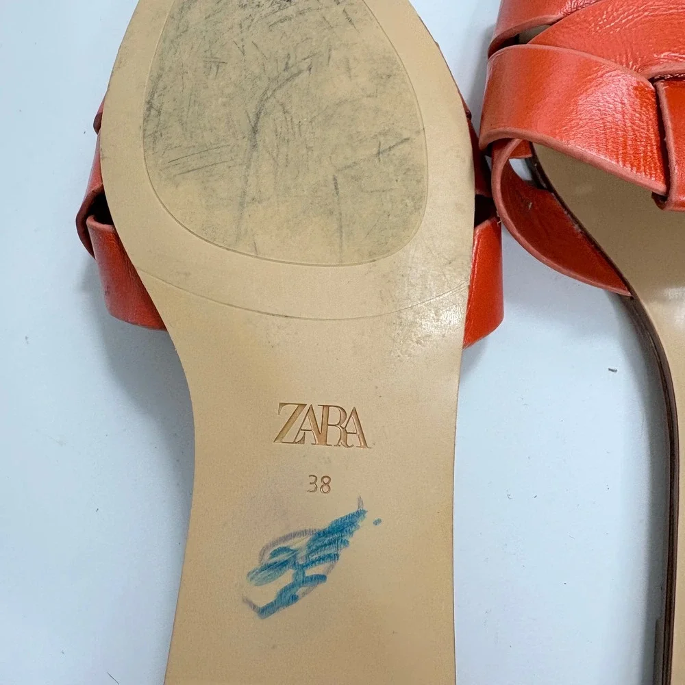 Zara Women Orange Red Interwoven Leather Flat Slide Sandals Square Toe Size 38
